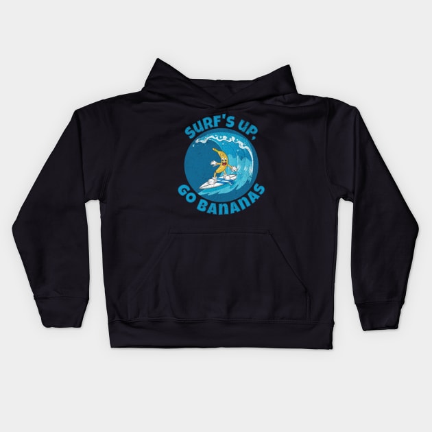 Funny Surf´s up, go bananas surfing on a great ocean wave Kids Hoodie by Andy Banana